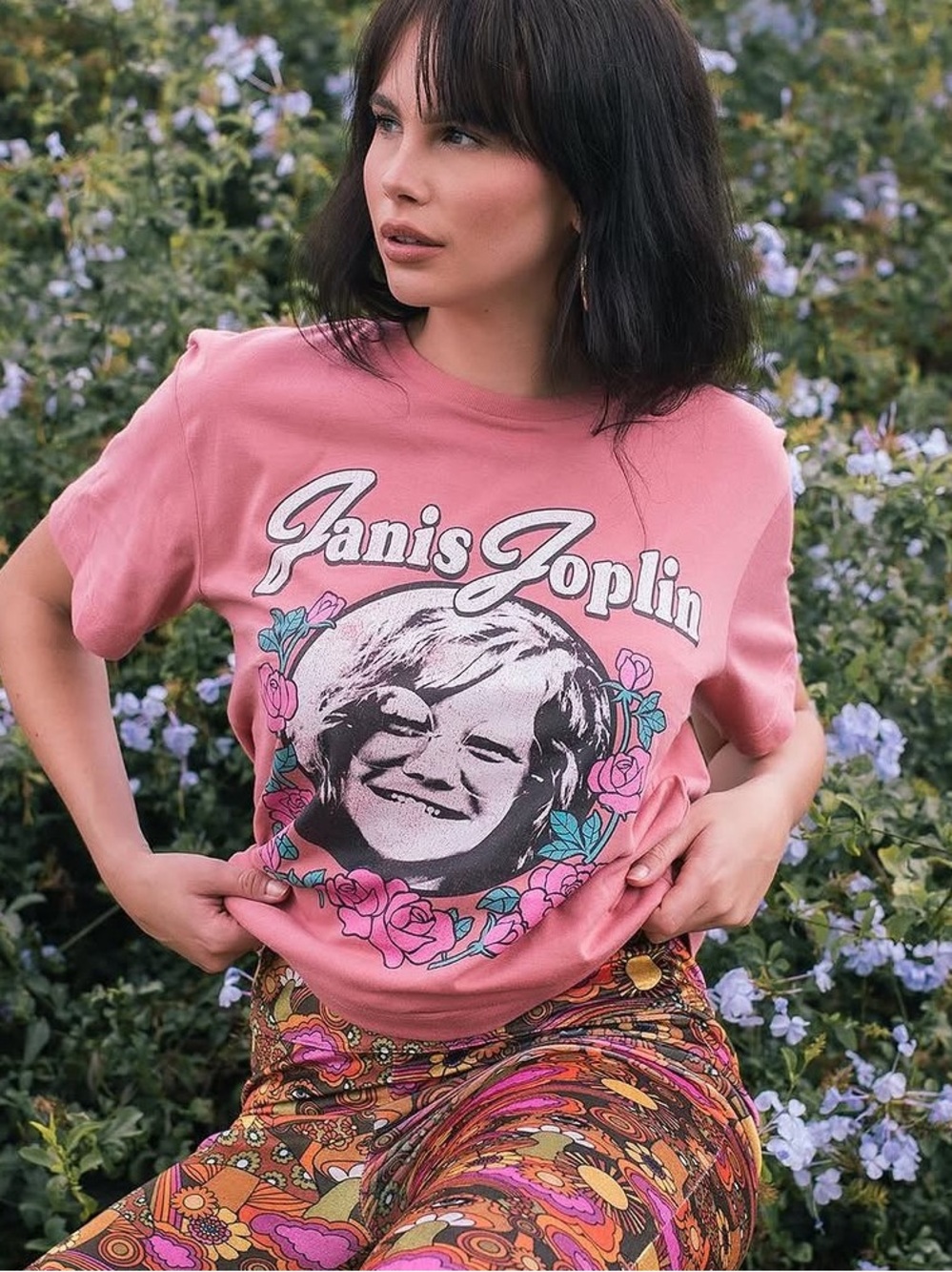Janis Joplin Pink Graphic Tee with Floral Portrait